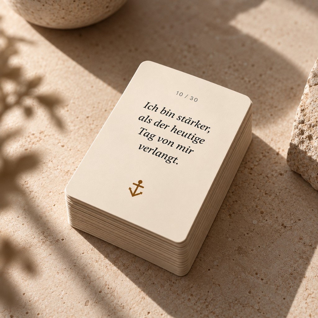 Kartenstapel der Tagesanker Affirmationskarten auf Sand, oben die Affirmation 10 von 30.