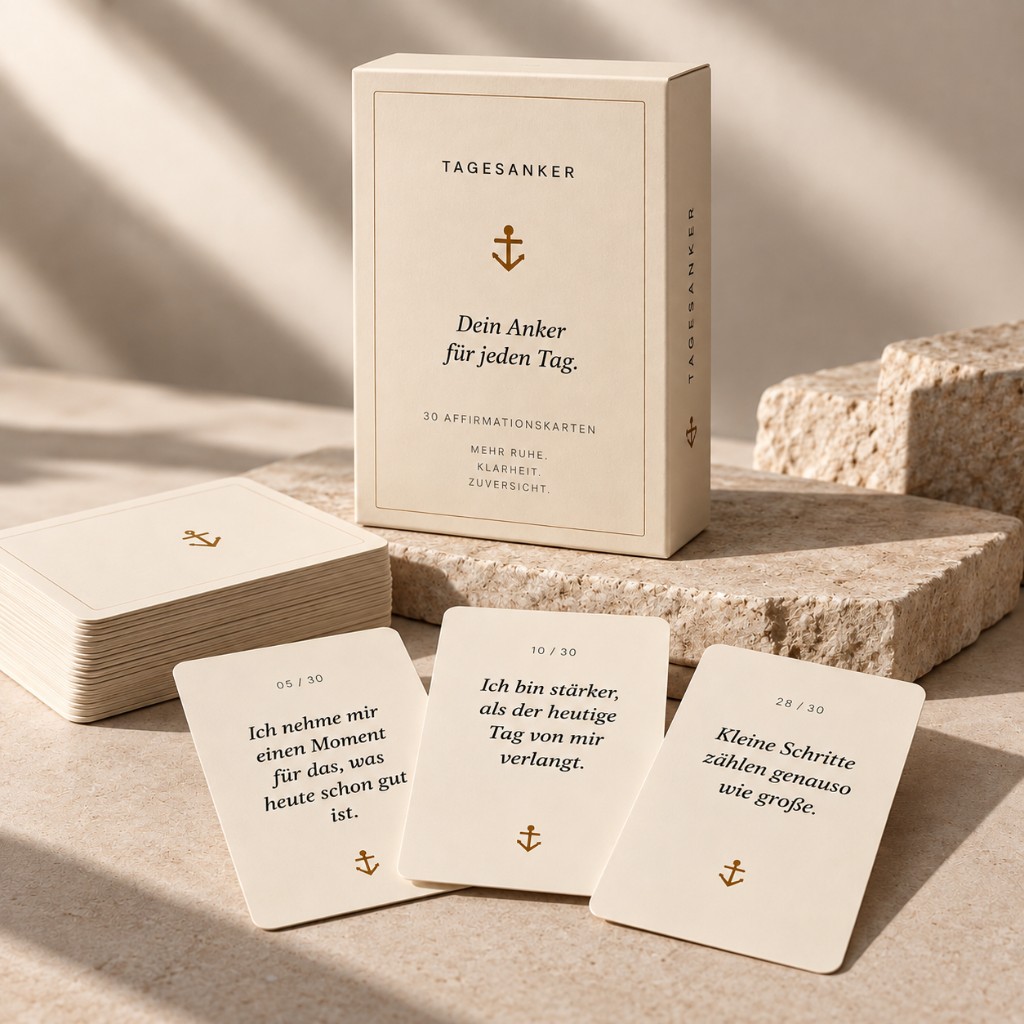 Beige Box der Tagesanker Affirmationskarten auf Sand, umgeben von einzelnen Karten.